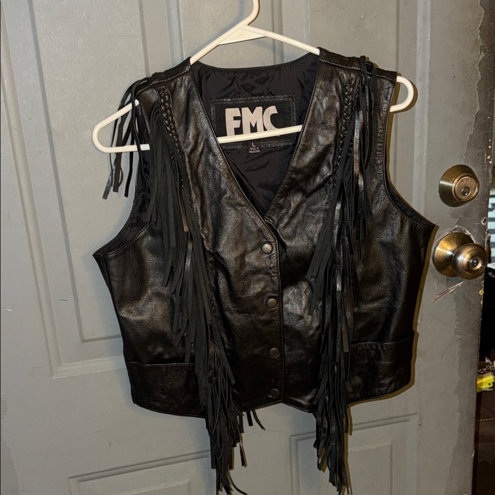 FMC Women's Black Leather Fringe Vest